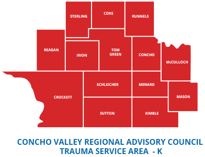 Map of Trauma Service Area K showing its 14 counties: Sterling, Coke, Runnels, Reagan, Irion, Tom Green, Concho, McCulloch, Crockett, Schleicher, Menard, Mason, Sutton and Kimble
